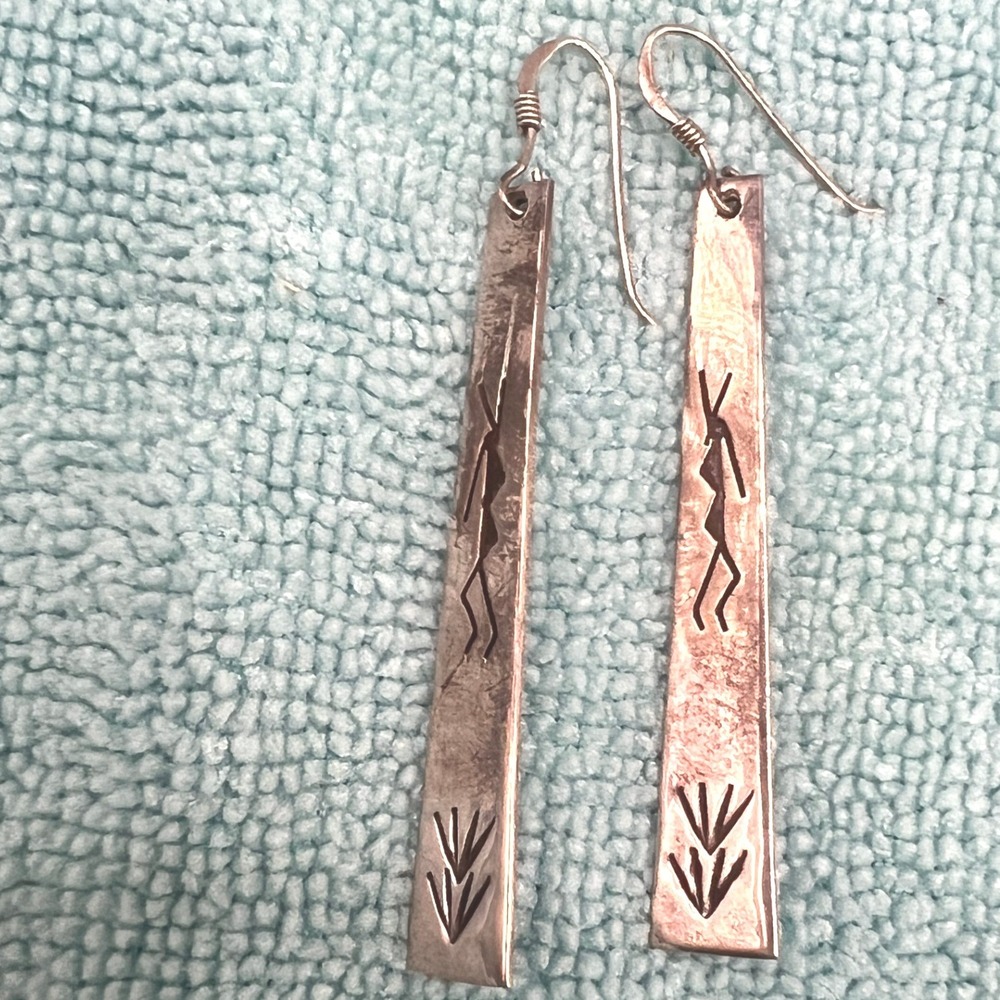 Vintage Sterling Silver Southwestern Earrings Dangle Kokopelli Sprout Symbols - Picture 8 of 9